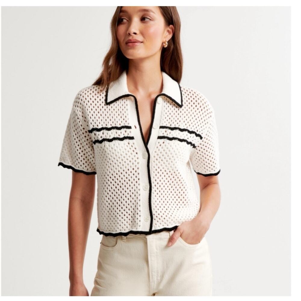 Abercrombie & Fitch Open Knit Crochet Polo Women Large White Black Stripe Preppy